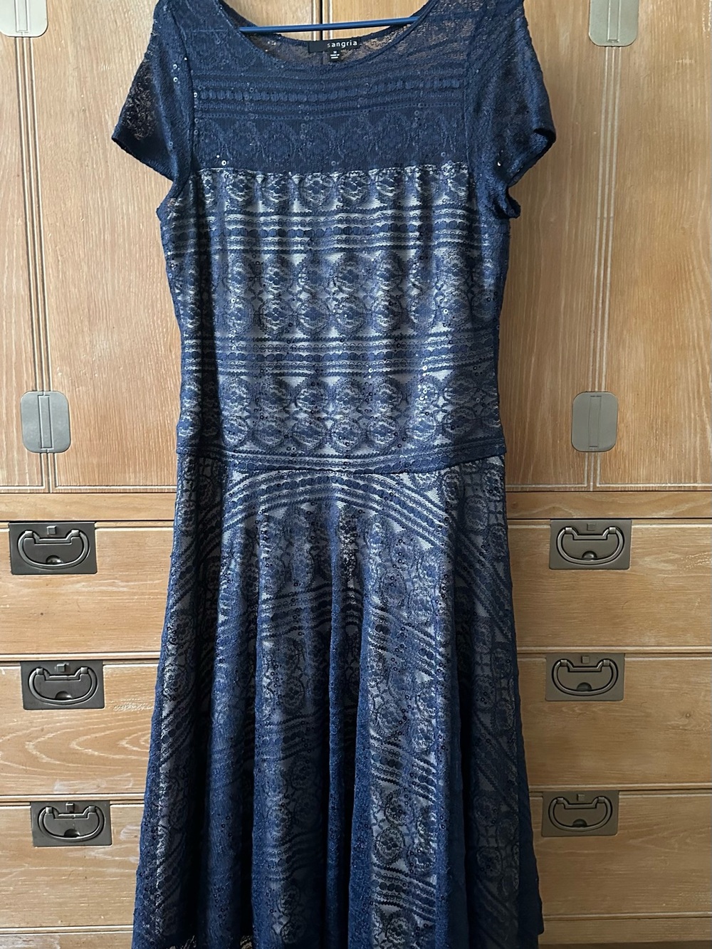 Navy Fully Lined Intricate Lace Midi Dress with Sequin Accents